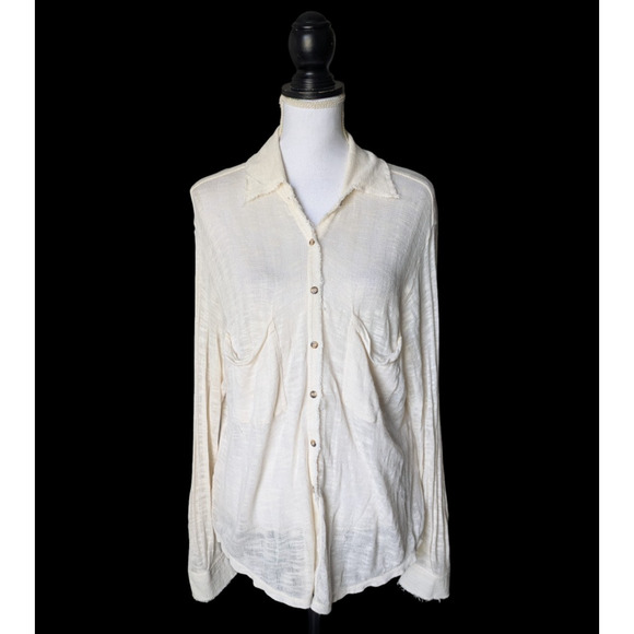 FP Beach Free People Reality Bites Knit Button Up Collared Sheer Top Size Medium - Picture 1 of 7